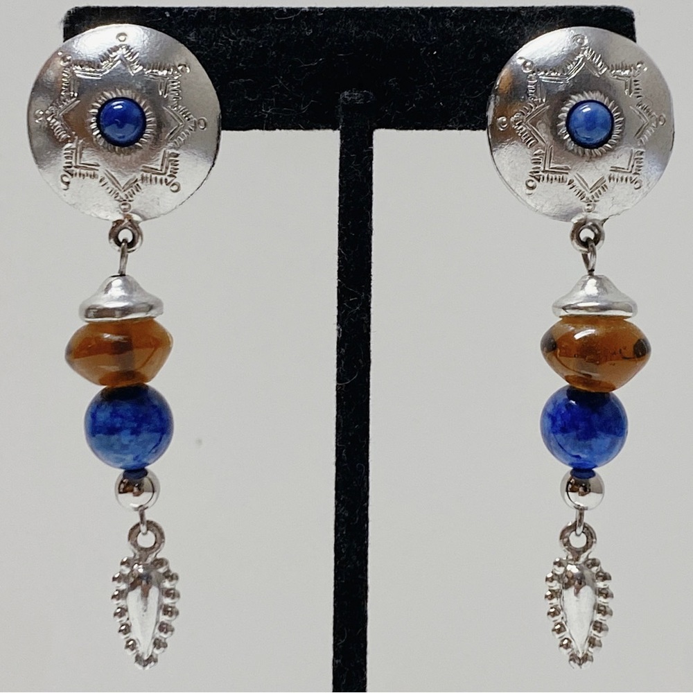 Vintage Sterling Silver Blue Lapis Lazuli Amber Navajo Concho Drop Earrings